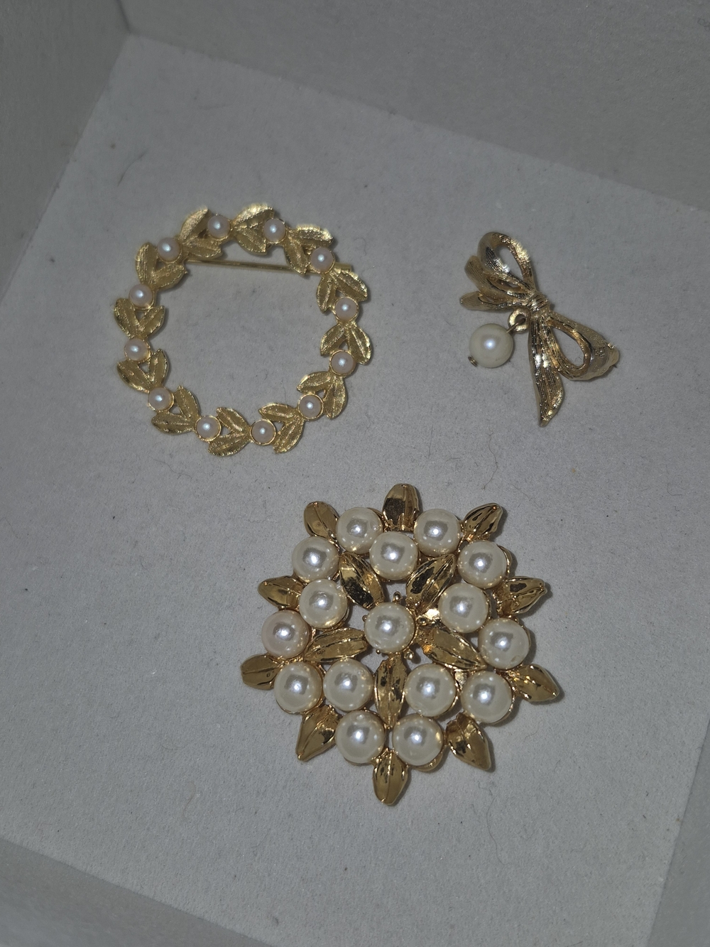 3 Vintage Gold Tone & Pearl Floral Brooch - Women Jewelry